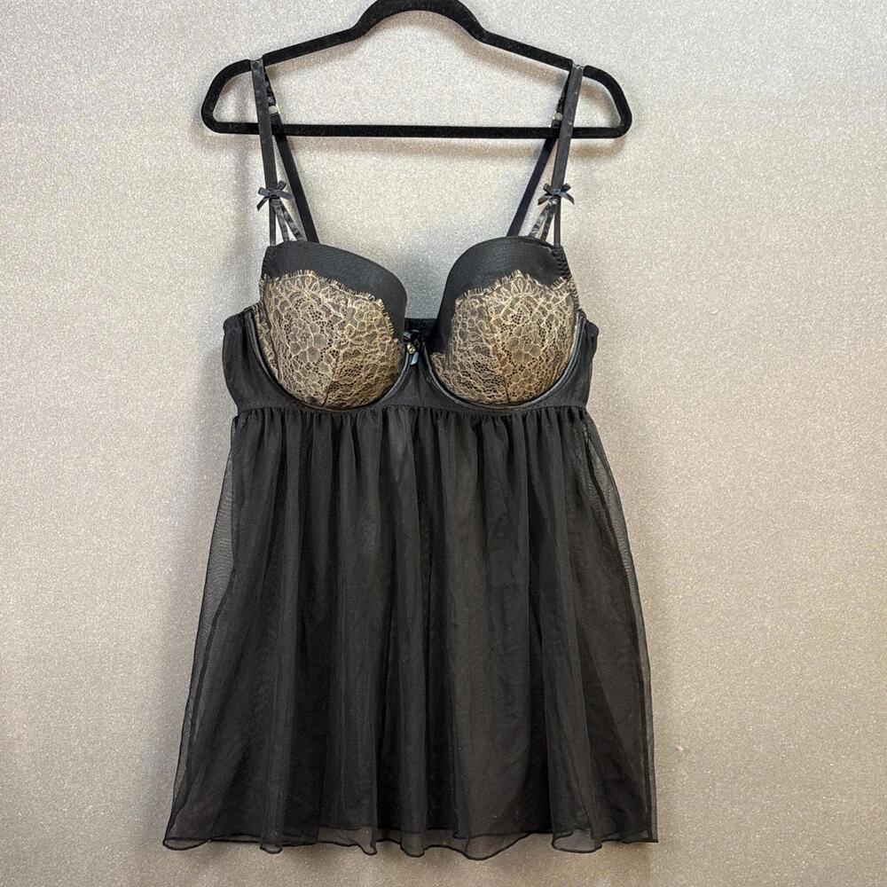 Cacique 40DD Black Babydoll‎ Nightie Underwire Cups with Gold Floral Lace Detail